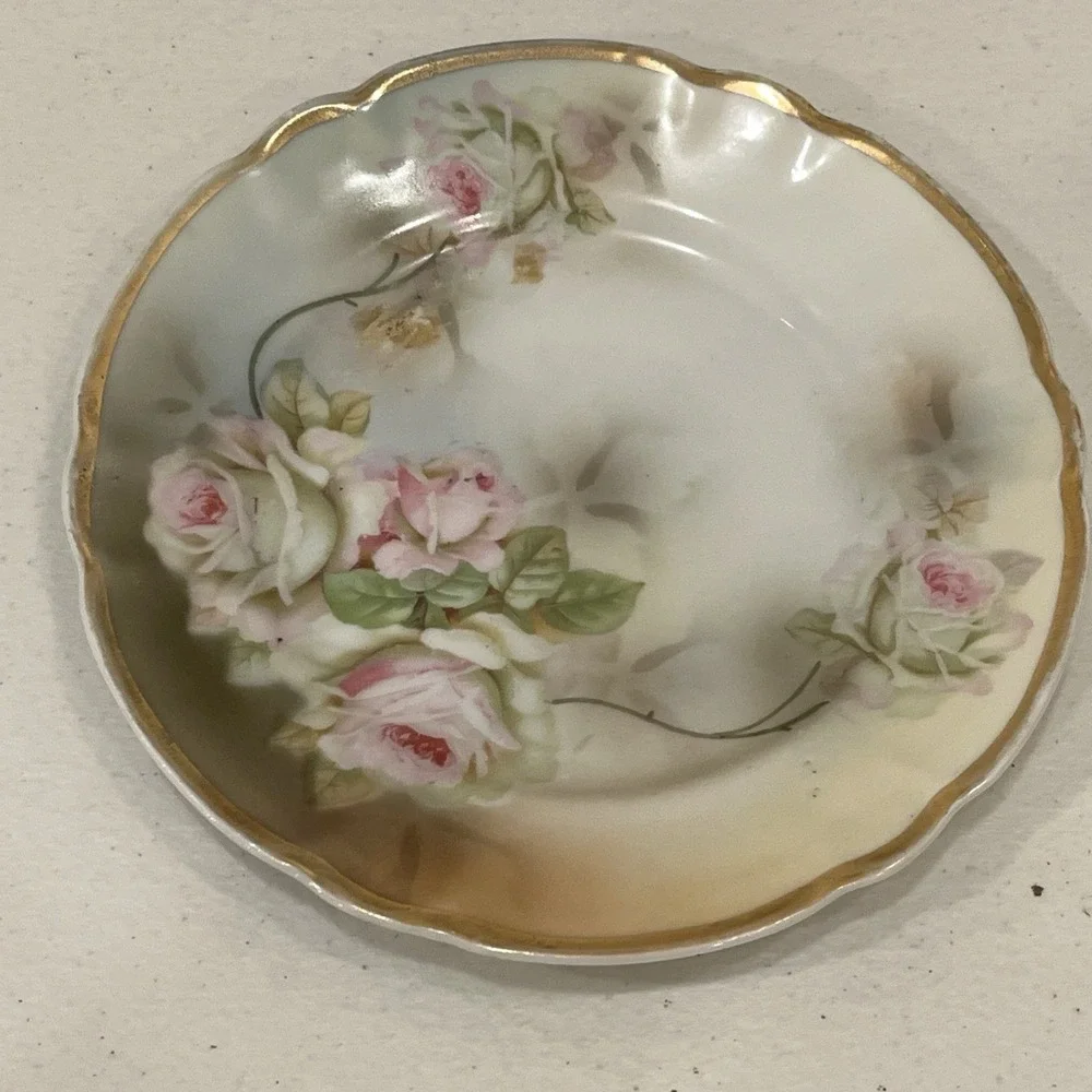 Antique Germany Porcelain Plate Large Pink & White Cabbage Roses, 6